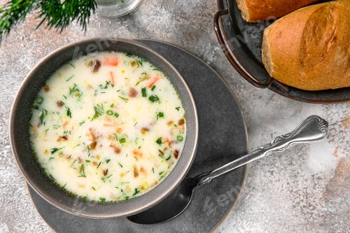 Preview: Top view of bowl with cheese and onion soup