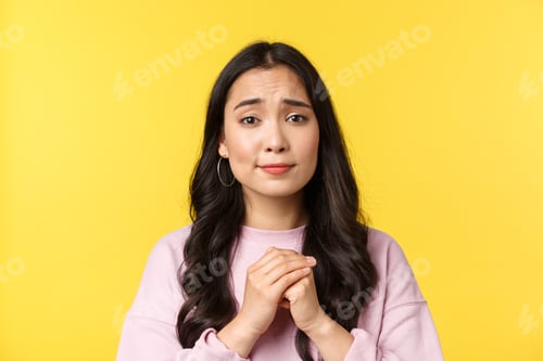 Preview: People emotions, lifestyle leisure and beauty concept. Close-up of silly hopeful asian girl pleading