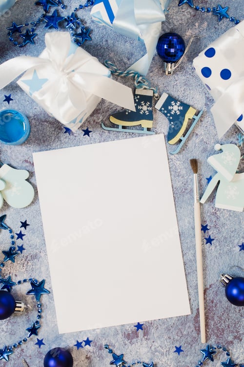 Preview: Christmas mock up for greeting card or letter to Santa in blue color.