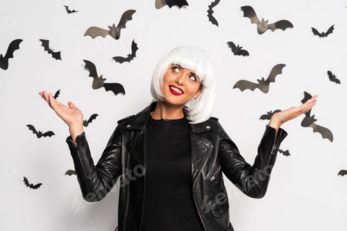 Preview: attractive woman in white wig with outstretched hands in Halloween
