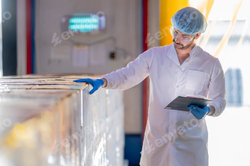 Preview: professional in a white lab coat and protective gear inspects inventory