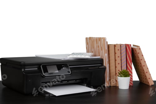 Preview: Office table with laser printer and books against white background