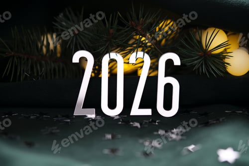 Visualização: Fundo de feriado de Ano Novo com bokeh com o número do ano de 2026.