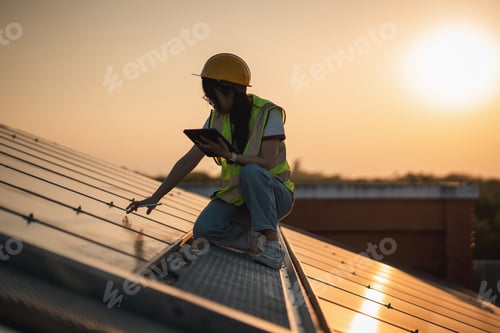 Preview: Service engineer checking solar cell on the roof. Clean energy concept.