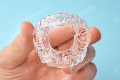 Preview: Close up mans hand holding invisible aligners for whitening and straightening of teeth on the blue