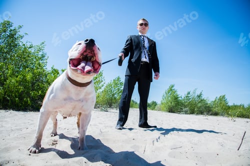 Preview: Guard In A Business Suit With A Fighting Dog On A Leash