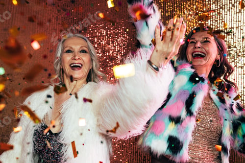 Preview: Two cheerful senior females in fur coats dancing under confetti against glitter backdrop