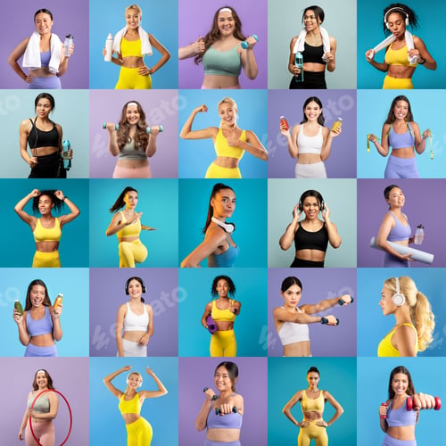 Preview: Women in fitness with vibrant backgrounds promoting wellness