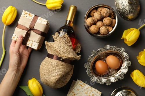 Preview: Matzo in hand, nuts, eggs, bottle of wine and flowers on gray background, top view