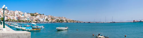 Preview: Sea bay with moored boats. Promenade in Mediterranean town Sitia, Crete