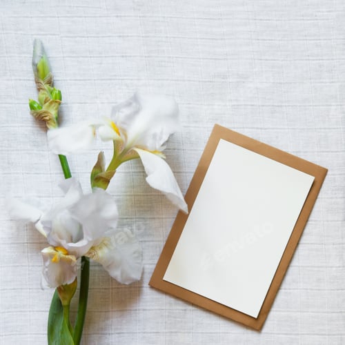 Preview: sheet blank paper in an envelope with a iris flowers on white textile background. Copy space
