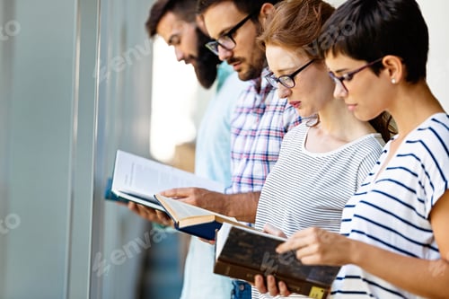 Preview: Happy group of success students studying and working together in a college library