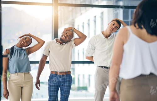 Preview: Exercise, stretching and a group of business people in the office to workout for health or mobility