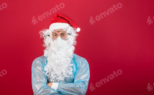 Preview: Doctor/nurse, in front of a red background, disguised as Santa Claus