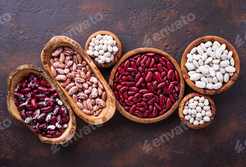 Preview: Assortment of various beans in wooden bowls