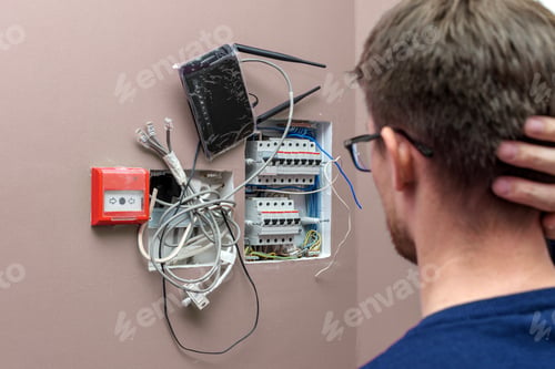 Preview: Man in glasses faces open circuit box with tangled wires, router, and fire alarm on pink wall