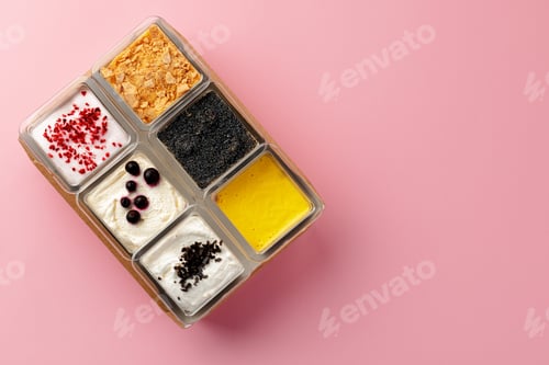 Vista previa: Mousse desserts in square plastic boxes with different toppings on pink table