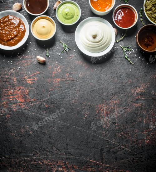 Preview: A variety of delicious sauces with slices of garlic.