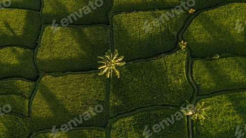Preview: Nature background in green color. Aerial view of green rice terraces in Bali, Ubud