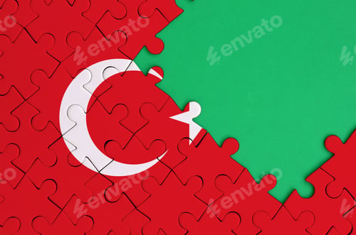 Preview: Turkey flag is depicted on a completed jigsaw puzzle with free green copy space on the right side.