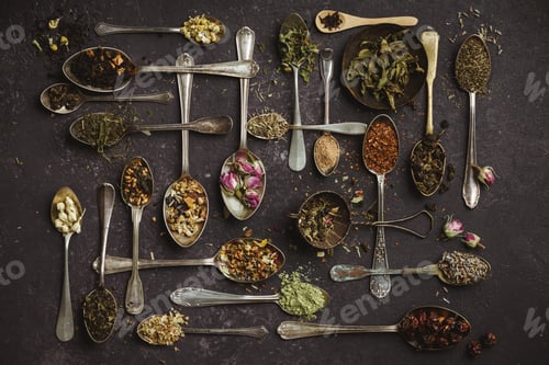 Preview: Assortment of dry tea in vintage spoons