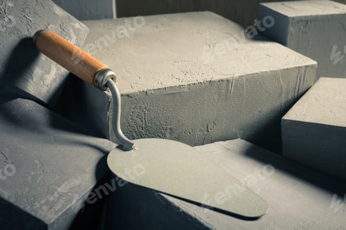 Preview: Concrete cube or construction brick and trowel. Construction concept with mason