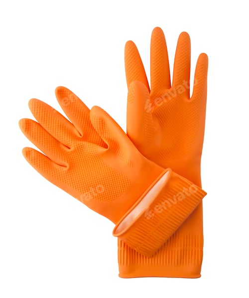 Pair of orange rubber cleaning gloves isolated