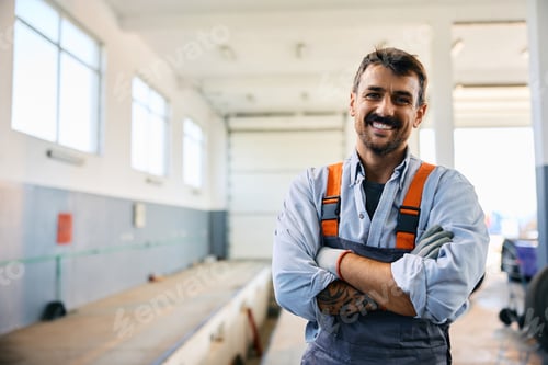 Preview: Happy mechanic with arms crossed at truck repair workshop looking at camera.