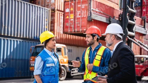 Preview: Businessman, Engineer or foreman talking and checking inventory or task details at container yard wa