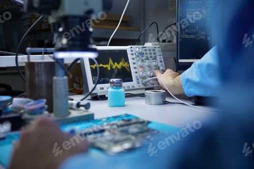 Preview: A technician is diligently working on a circuit board while utilizing a microscope for precision