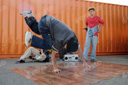 Preview: Dancing Breakdance Outdoors with Boombox and Friends Watching