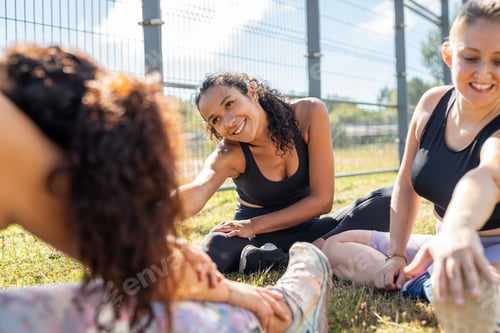 Preview: Diverse group of friends training together during sunny day.Body positive all shapes are valid.