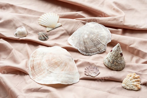 Preview: Some seashells on textile background. Sea shells maritime wealth.