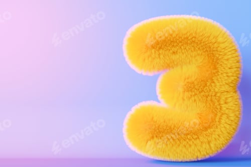 Preview: Playful, fluffy number three on gradient background. Yellow symbol 3.
