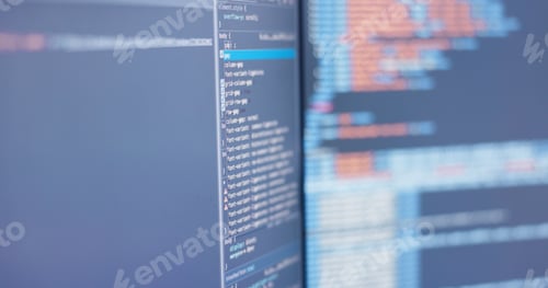 Preview: Computer screen, programming and coding for software development, analysis and server. Empty, datab