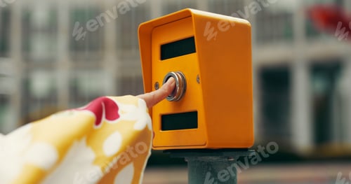 Preview: Woman, finger and city with traffic light for travel, pedestrian crossing or commute by street or r