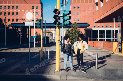 Preview: Two cool young female friends chatting at pedestrian crossing