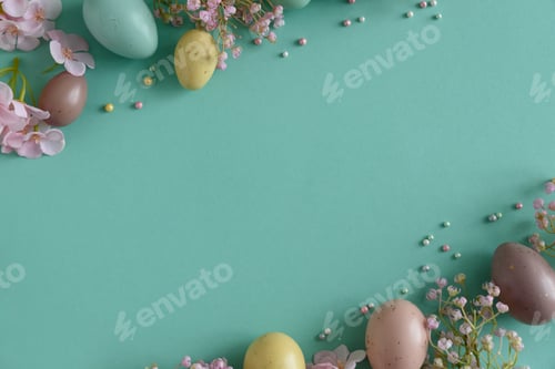 Preview: Pastel Easter Eggs and Flowers on Teal Background. Festive Spring Flatlay