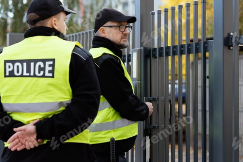 Preview: Two policemen stand in front of the entrance gate to the house during home intervention