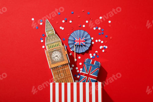 Preview: Big Ben and the British flag on a red background.