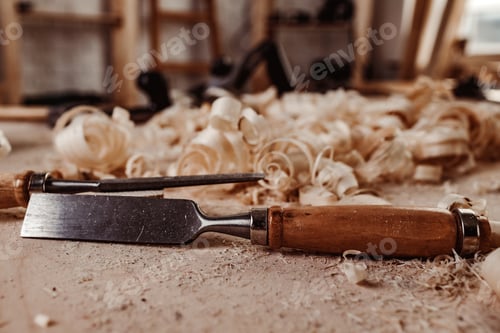 Preview: Carpenter's chisel, woodwork tool on the desktop in the workshop