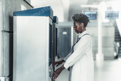 Preview: A black girl using ATM in an airport