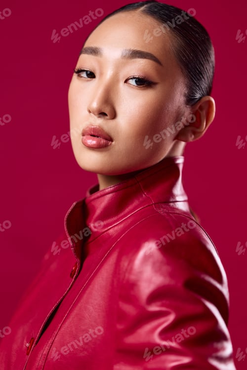 Preview: Fashion asian brunette in a red leather jacket posing against a pink background with her hands on