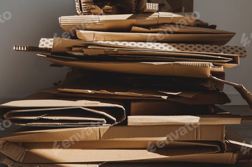 Preview: Stack of Cardboard Waste in sunlight. Concepts of Paper Recycling and Waste Sorting