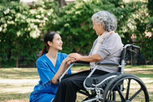 Preview: Asian physiotherapist helping elderly woman patient stretching arm during exercise correct with ms