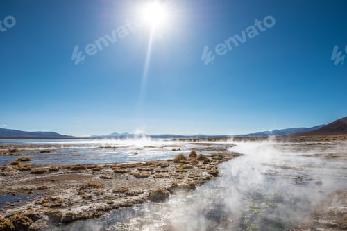 Preview: Sunshine surface covered with steam and geysers in Bolivia