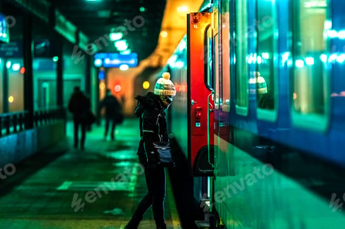 Preview: woman boarding a night train at the station
