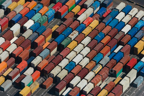 Preview: Aerial view of angled multi color cargo containers, Port Melbourne, Melbourne, Victoria, Australia