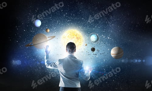 Preview: Young Businesswoman And Planets Of Space Spinning Around