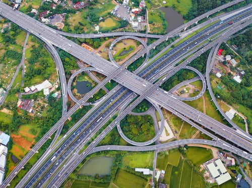 Preview: Aerial view of highway junctions. Bridge roads shape in structure. Top view. Urban city